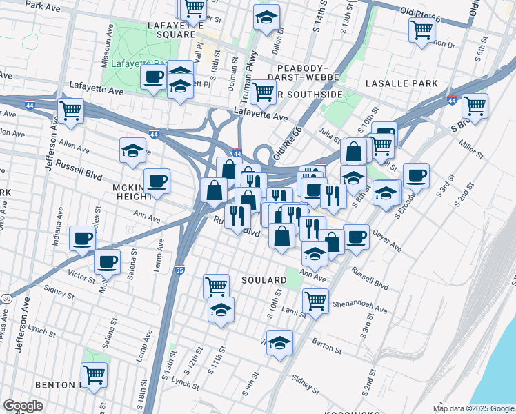 map of restaurants, bars, coffee shops, grocery stores, and more near 1104 Allen Avenue in St. Louis