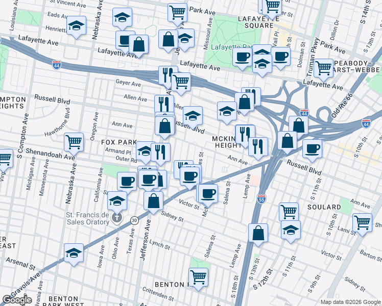 map of restaurants, bars, coffee shops, grocery stores, and more near 2225 Jules Street in St. Louis