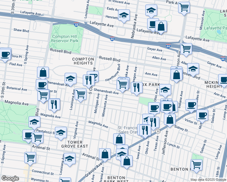 map of restaurants, bars, coffee shops, grocery stores, and more near 3010 Shenandoah Avenue in St. Louis