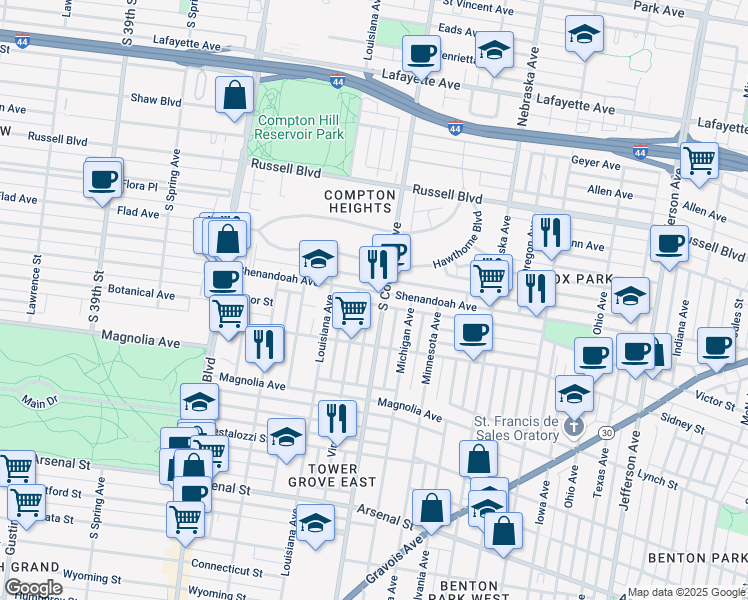 map of restaurants, bars, coffee shops, grocery stores, and more near 2315 South Compton Avenue in St. Louis