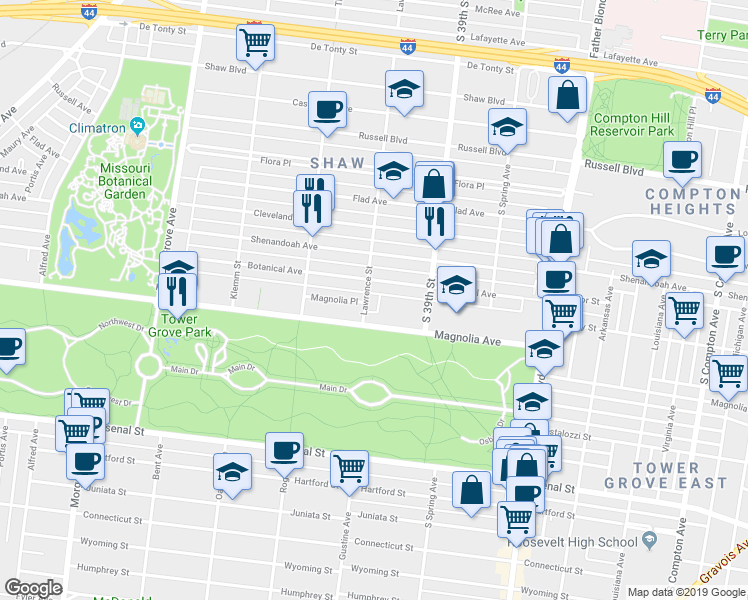 map of restaurants, bars, coffee shops, grocery stores, and more near 2364 Lawrence Street in St. Louis