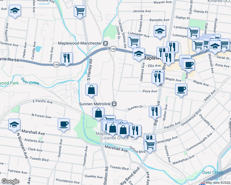 map of restaurants, bars, coffee shops, grocery stores, and more near 3005 Laclede Station Road in Maplewood