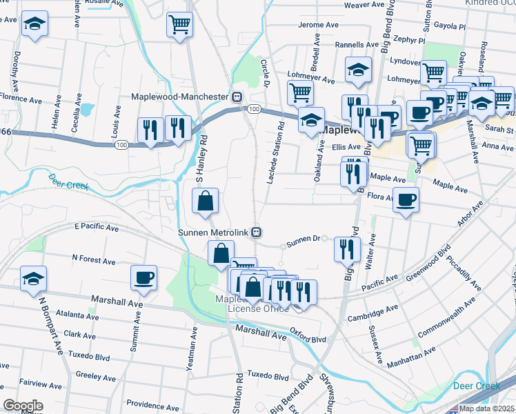 map of restaurants, bars, coffee shops, grocery stores, and more near 3005 Laclede Station Road in Maplewood