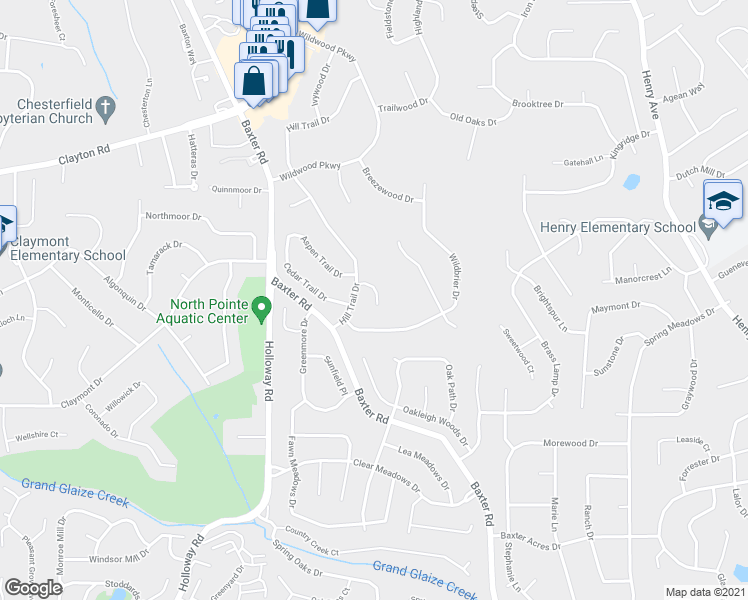 map of restaurants, bars, coffee shops, grocery stores, and more near 355 Champion Way Drive in Ballwin