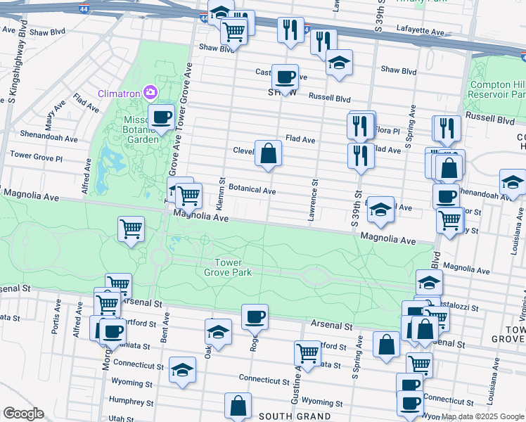 map of restaurants, bars, coffee shops, grocery stores, and more near 4101 Magnolia Avenue in St. Louis