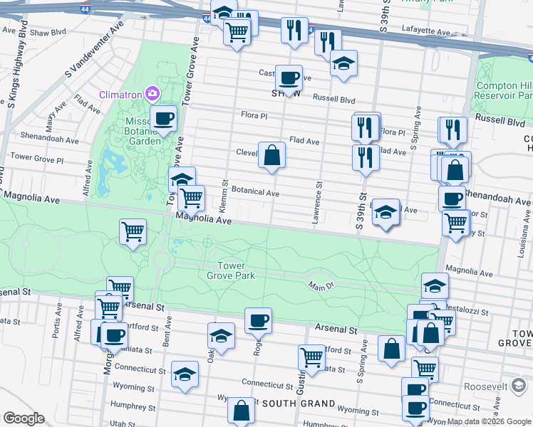 map of restaurants, bars, coffee shops, grocery stores, and more near 4101 Magnolia Avenue in St. Louis