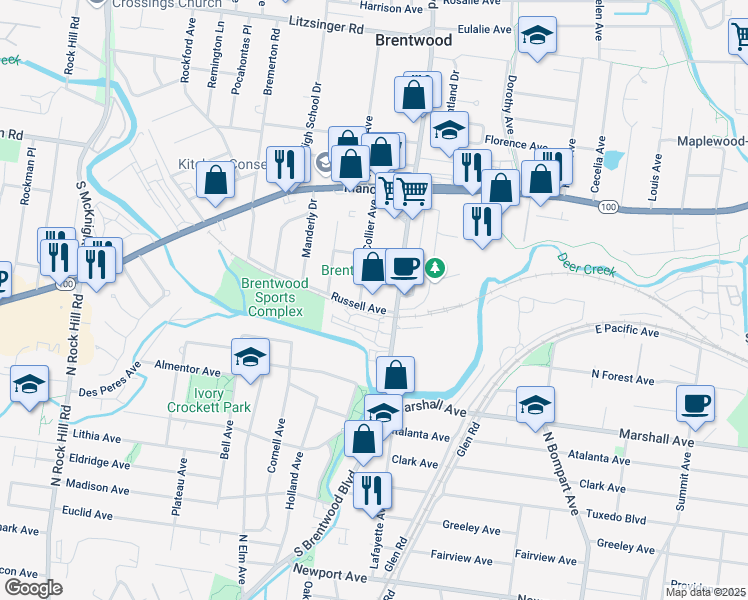 map of restaurants, bars, coffee shops, grocery stores, and more near 2949 South Brentwood Boulevard in Brentwood