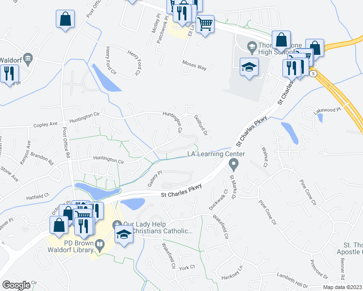 map of restaurants, bars, coffee shops, grocery stores, and more near 3060 Heath Cote Road in Waldorf