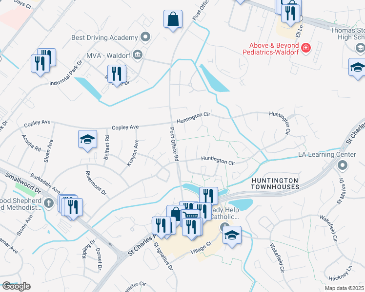 map of restaurants, bars, coffee shops, grocery stores, and more near 3381 Justice Court in Waldorf