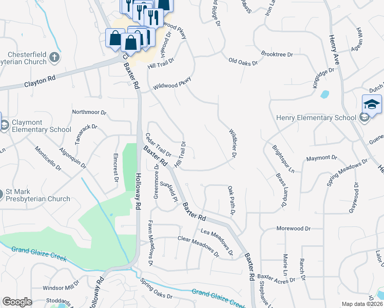 map of restaurants, bars, coffee shops, grocery stores, and more near 374 Champion Way Drive in Ballwin
