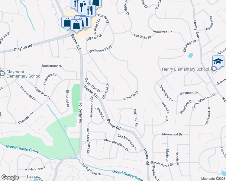 map of restaurants, bars, coffee shops, grocery stores, and more near 355 Champion Way Drive in Ballwin
