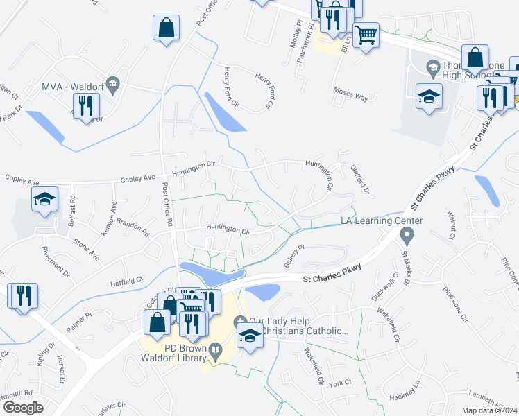 map of restaurants, bars, coffee shops, grocery stores, and more near 3251 Indian King Court in Waldorf