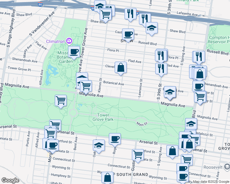 map of restaurants, bars, coffee shops, grocery stores, and more near 4101 Magnolia Avenue in St. Louis
