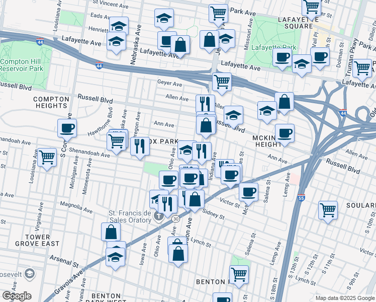 map of restaurants, bars, coffee shops, grocery stores, and more near 2627 Armand Place in St. Louis