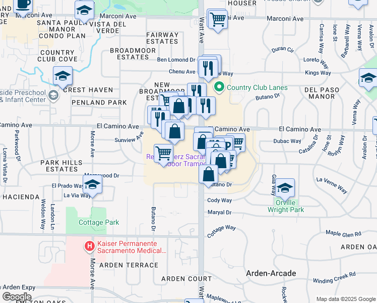 map of restaurants, bars, coffee shops, grocery stores, and more near 3460 El Camino Avenue in Sacramento