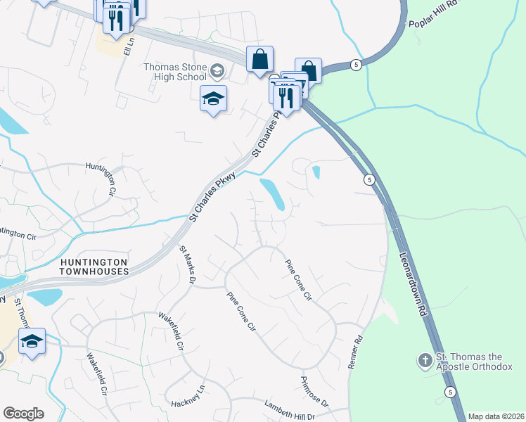 map of restaurants, bars, coffee shops, grocery stores, and more near 3449 Elderberry Place in Waldorf
