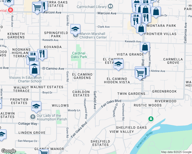 map of restaurants, bars, coffee shops, grocery stores, and more near 2426 Garfield Avenue in Carmichael