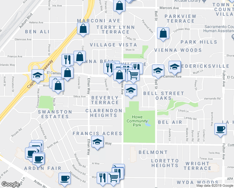 map of restaurants, bars, coffee shops, grocery stores, and more near 2111 Delma Way in Sacramento