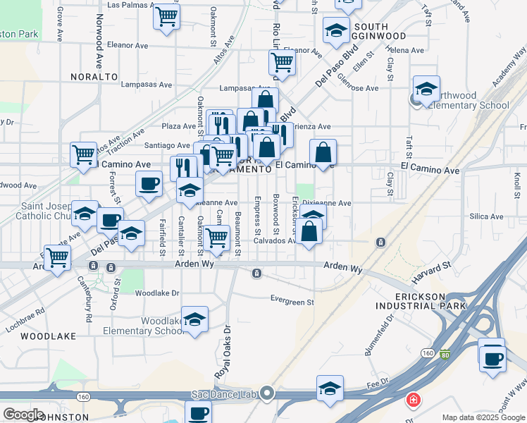 map of restaurants, bars, coffee shops, grocery stores, and more near 2357 Empress Street in Sacramento