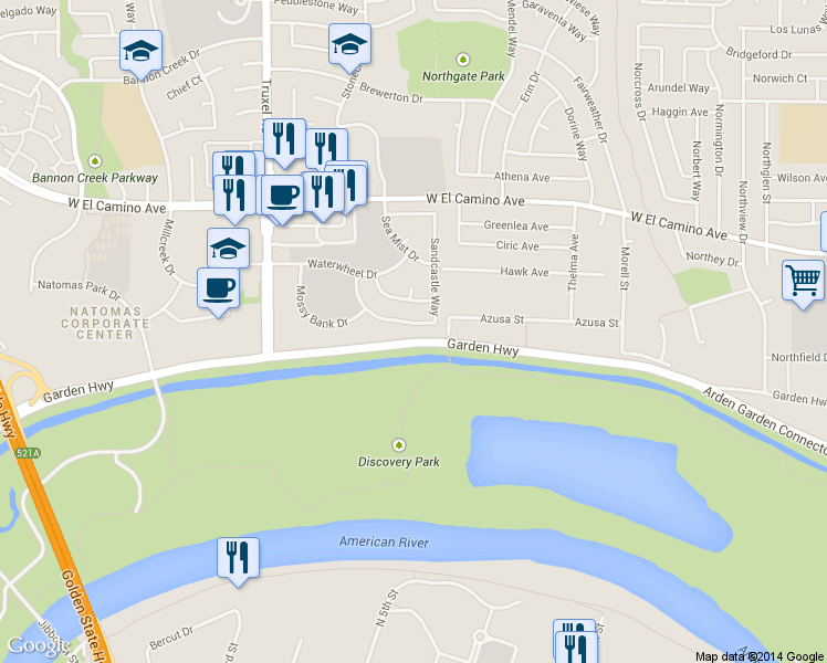 map of restaurants, bars, coffee shops, grocery stores, and more near 2281 Sandcastle Way in Sacramento