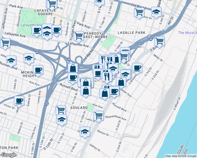 map of restaurants, bars, coffee shops, grocery stores, and more near 1852 South 10th Street in St. Louis