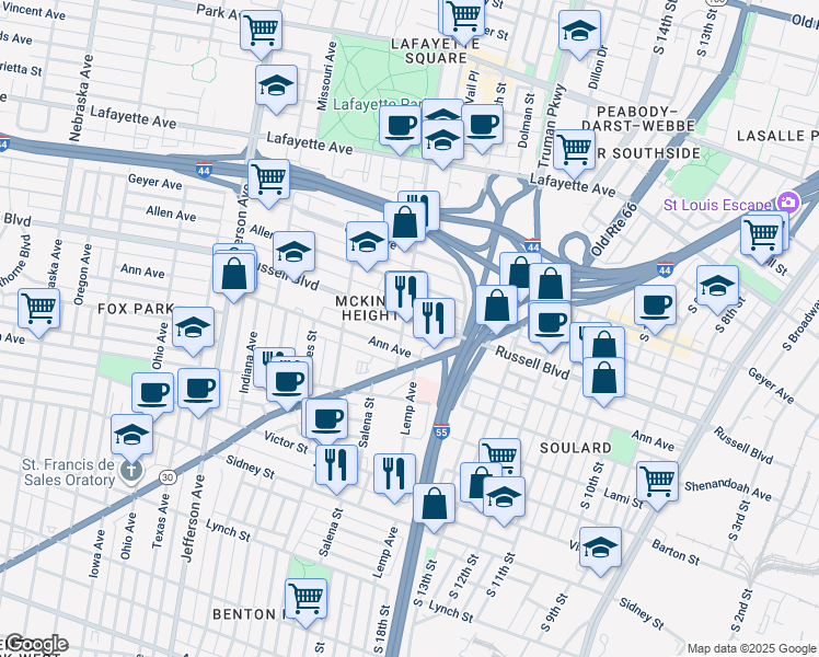 map of restaurants, bars, coffee shops, grocery stores, and more near 1909 Ann Avenue in St. Louis