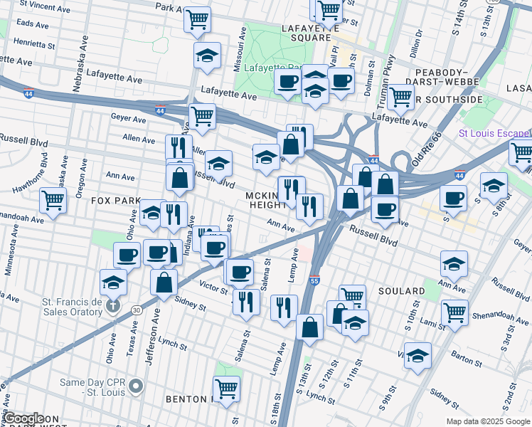 map of restaurants, bars, coffee shops, grocery stores, and more near 2017 Ann Avenue in St. Louis