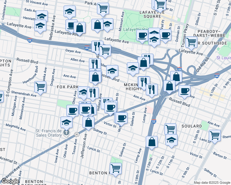 map of restaurants, bars, coffee shops, grocery stores, and more near 2225 Jules Street in St. Louis