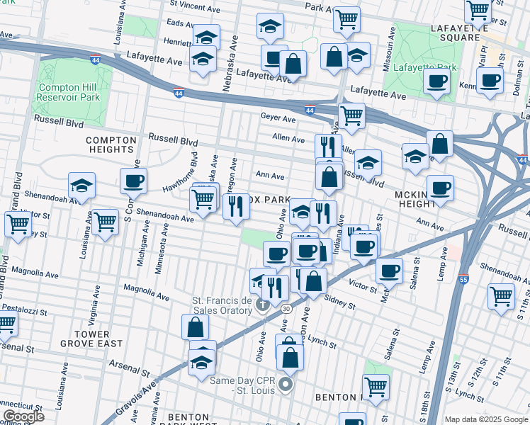 map of restaurants, bars, coffee shops, grocery stores, and more near 2706 Armand Place in St. Louis