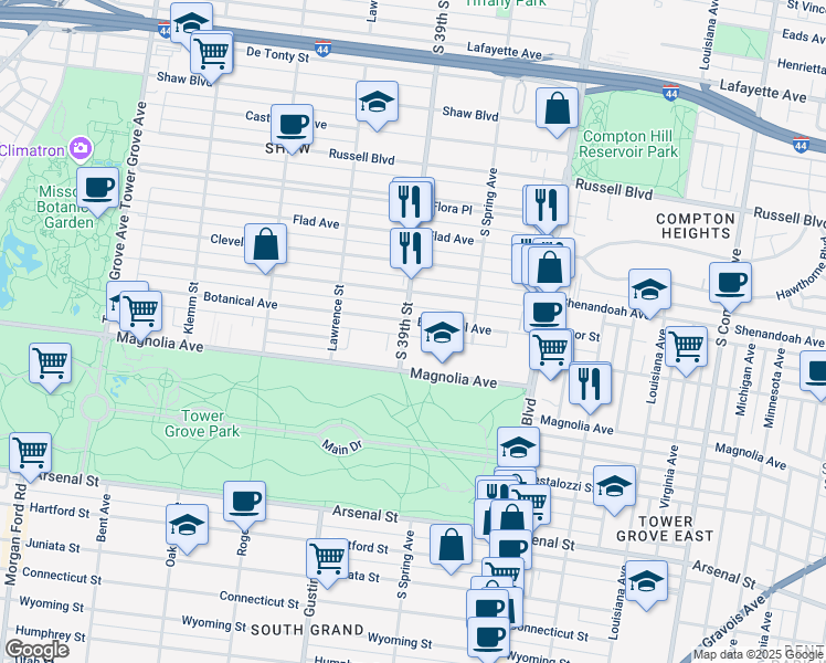 map of restaurants, bars, coffee shops, grocery stores, and more near 3871 Magnolia Avenue in St. Louis