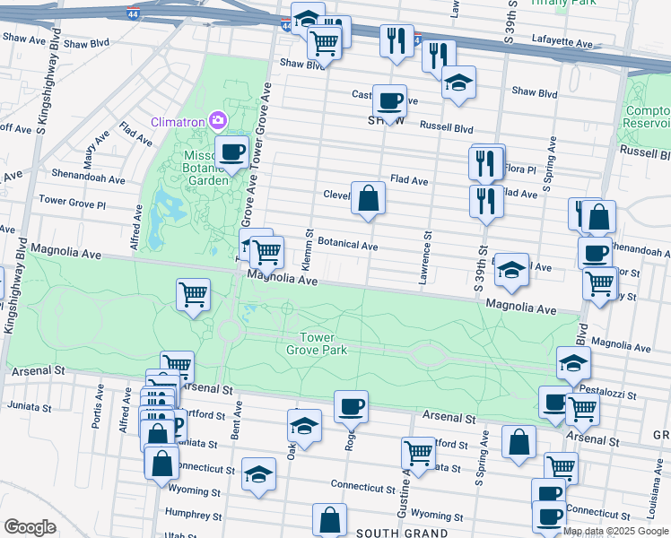 map of restaurants, bars, coffee shops, grocery stores, and more near 1 Hortus Court in St. Louis
