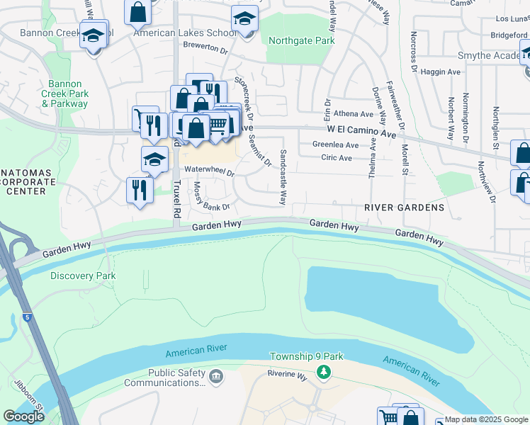 map of restaurants, bars, coffee shops, grocery stores, and more near 2281 Sandcastle Way in Sacramento