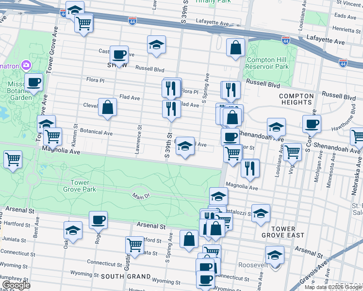 map of restaurants, bars, coffee shops, grocery stores, and more near 3838 Botanical Avenue in St. Louis