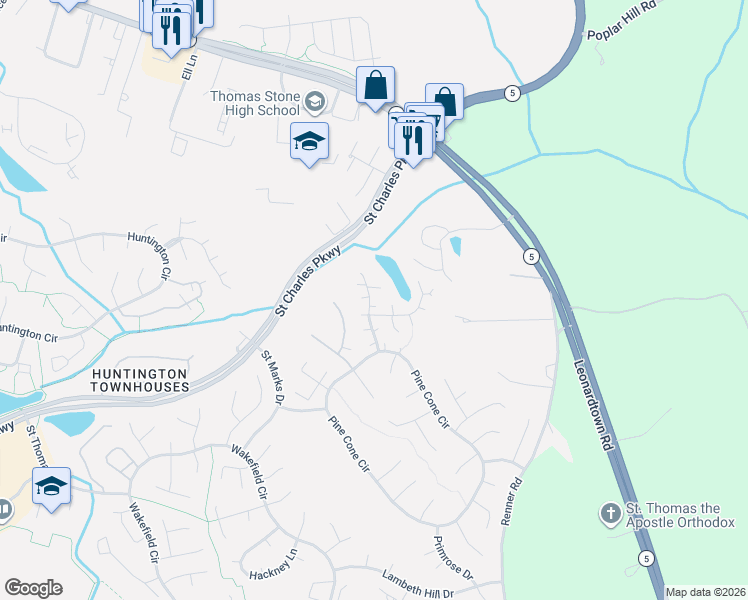 map of restaurants, bars, coffee shops, grocery stores, and more near 3449 Elderberry Place in Waldorf