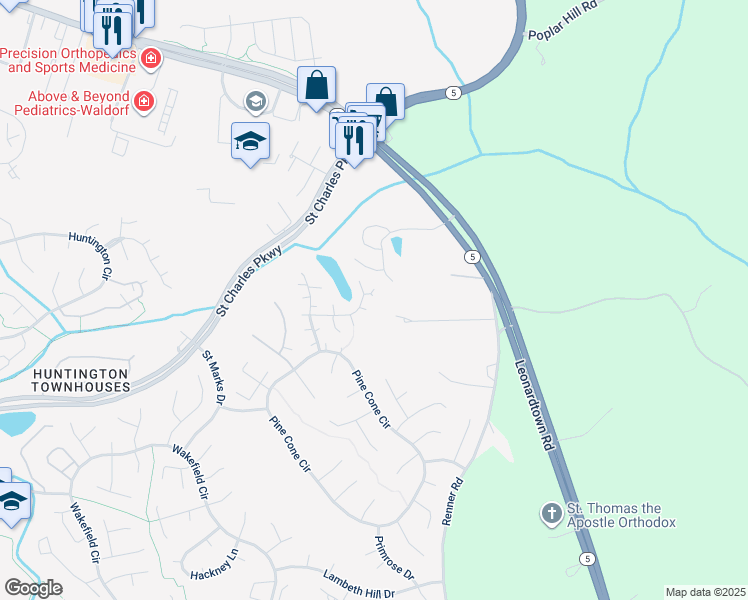 map of restaurants, bars, coffee shops, grocery stores, and more near 3455 Zinnia Place in Waldorf