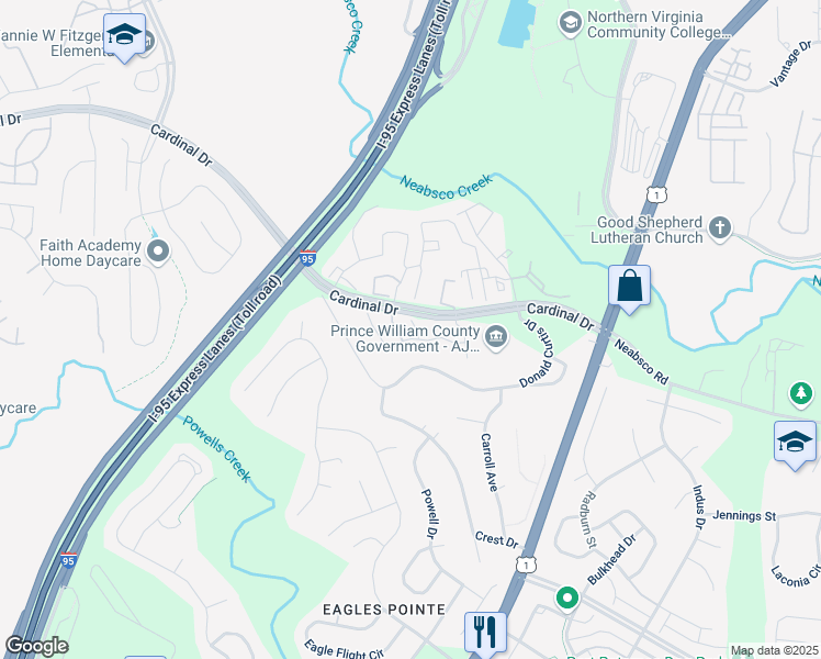 map of restaurants, bars, coffee shops, grocery stores, and more near 2859 Rushbrook Court in Woodbridge