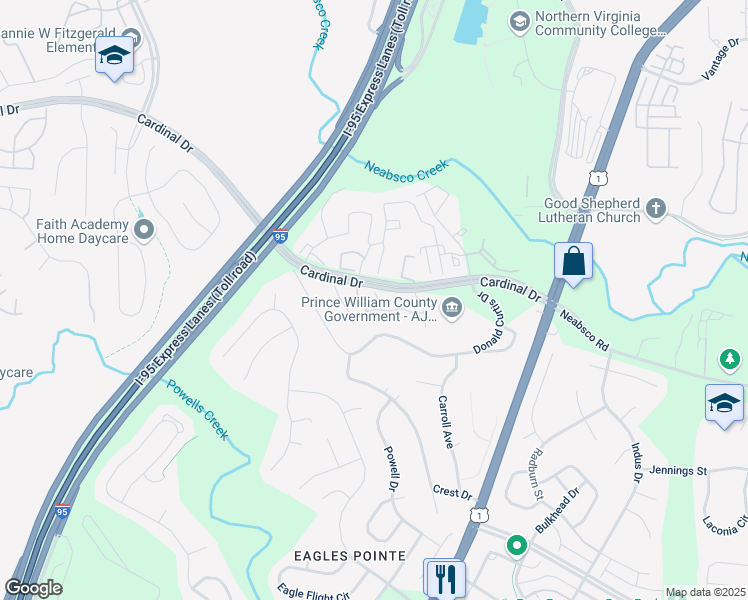 map of restaurants, bars, coffee shops, grocery stores, and more near 2859 Rushbrook Court in Woodbridge