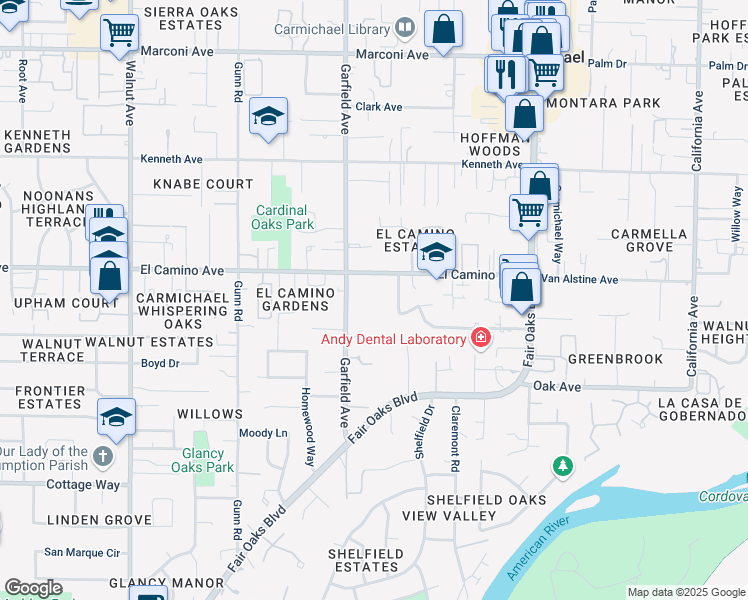 map of restaurants, bars, coffee shops, grocery stores, and more near 5594 Ranchero Way in Carmichael