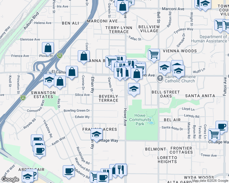map of restaurants, bars, coffee shops, grocery stores, and more near 2049 Delma Way in Sacramento