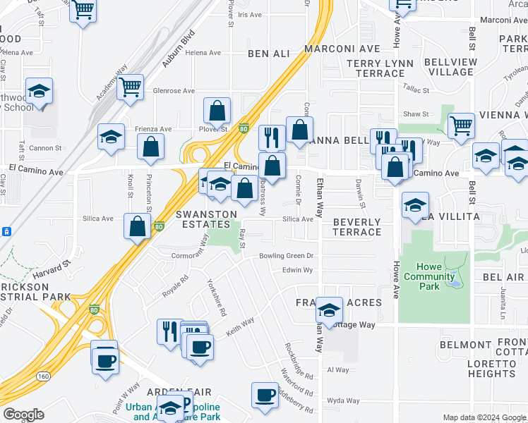 map of restaurants, bars, coffee shops, grocery stores, and more near 1842 Silica Avenue in Sacramento