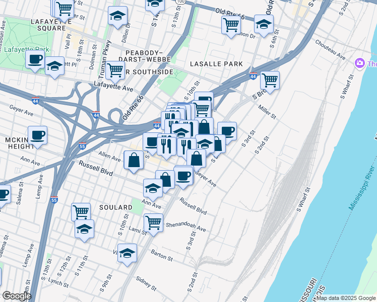 map of restaurants, bars, coffee shops, grocery stores, and more near 1832 South 8th Street in St. Louis