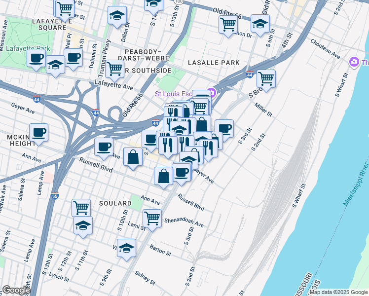 map of restaurants, bars, coffee shops, grocery stores, and more near 1832 South 8th Street in St. Louis