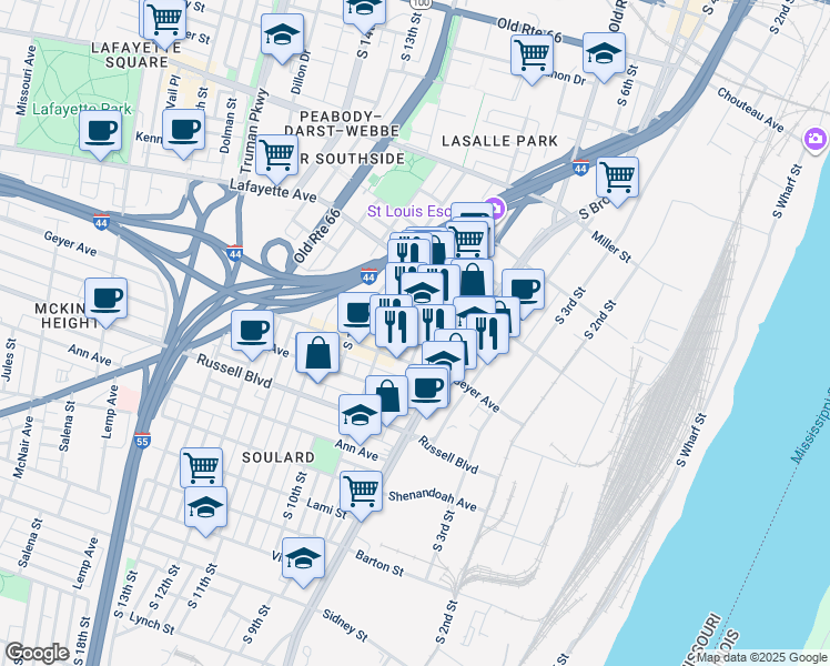 map of restaurants, bars, coffee shops, grocery stores, and more near 1832 South 8th Street in St. Louis