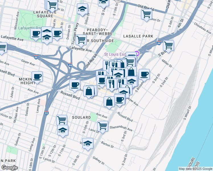 map of restaurants, bars, coffee shops, grocery stores, and more near 1860 South 9th Street in St. Louis