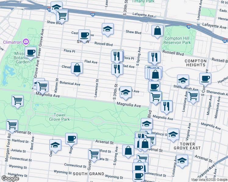 map of restaurants, bars, coffee shops, grocery stores, and more near 3871 Magnolia Avenue in St. Louis