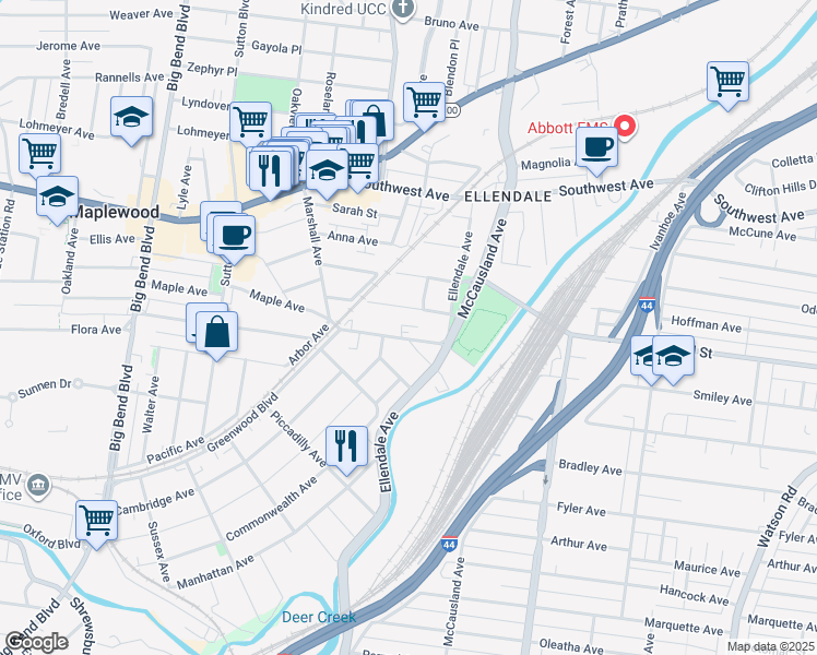 map of restaurants, bars, coffee shops, grocery stores, and more near 7312 Canterbury Avenue in St. Louis