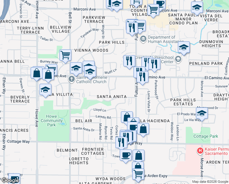 map of restaurants, bars, coffee shops, grocery stores, and more near 2517 Hernando Road in Sacramento