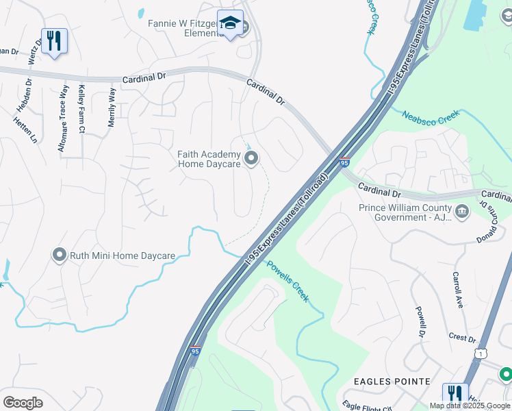 map of restaurants, bars, coffee shops, grocery stores, and more near 3400 Soaring Circle in Woodbridge
