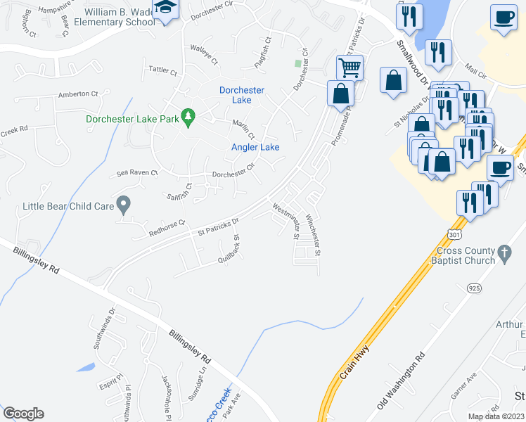 map of restaurants, bars, coffee shops, grocery stores, and more near 10903 Saint Patricks Park Alley in Waldorf