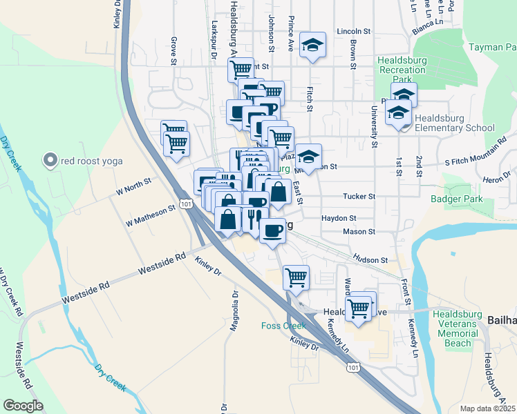 map of restaurants, bars, coffee shops, grocery stores, and more near 219 Healdsburg Avenue in Healdsburg